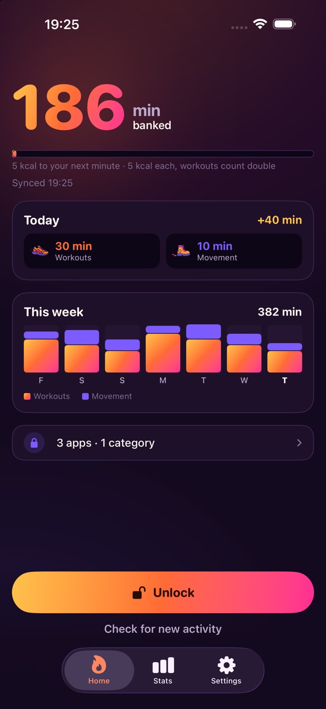 Home: minutes banked and the week so far.