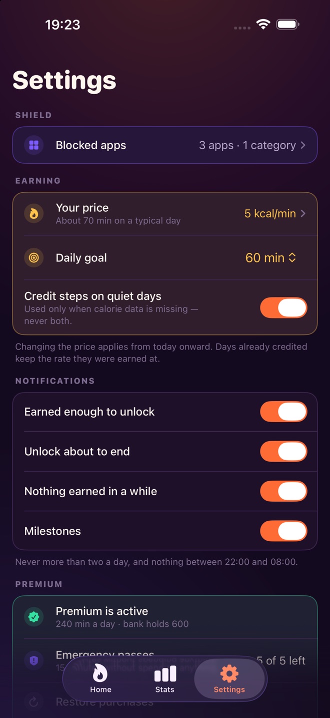 Settings: the shield, the effort level and the daily goal.